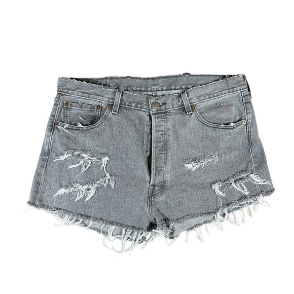 Levi’s 501 Gray Black Wash Heavily Distressed Denim Cut Off Shorts